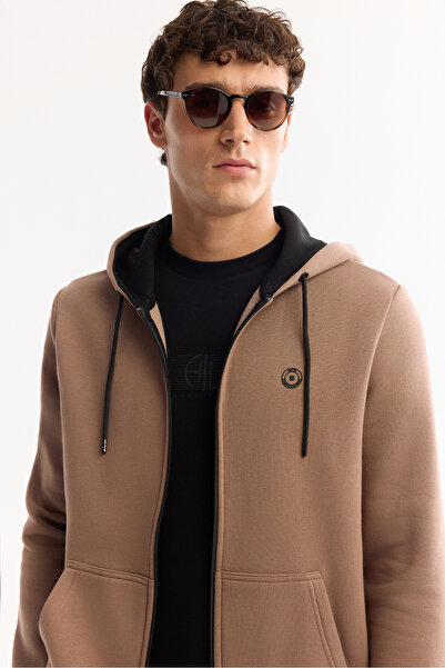 Avva Férfi világosbarna 3 szálas cipzáras kapucnis pulóver E 001019