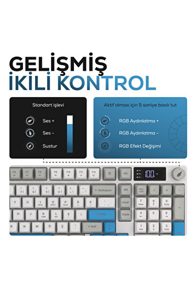 Hawk Gaming Chair HK258 Membrane LCD RGB Kablosuz/Bluetooth Beyaz Mavi Full Türkçe Gaming Oyuncu Klavye