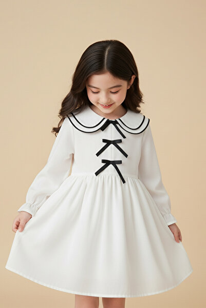 ALYRA Κοριτσίστικο φόρεμα Χριστουγέννων σε κορεάτικο στυλ με μακρυμάνικο γιακά μωρού με λεπτομέρεια φιόγκου με επένδυση από λινό