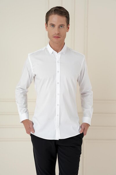 Efor Men's Slim Fit Buttoned Collar Flexible Classic White Shirt Gk 746