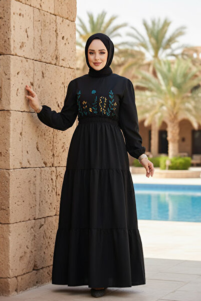 Neva Style Black Hijab Dress with Embroidery Pattern 7063S