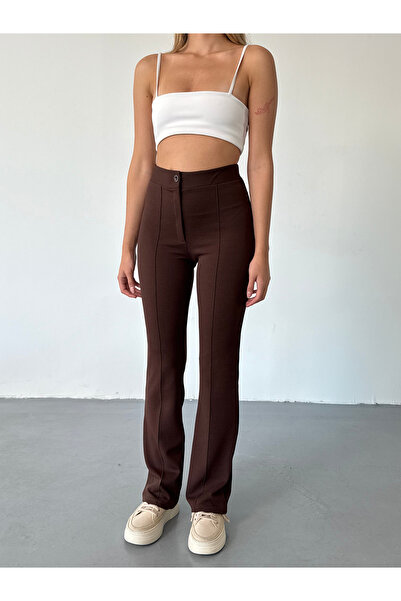 BEJNA Hnědé žebrované kalhoty Palazzo s vysokým pasem - rozšířená noha