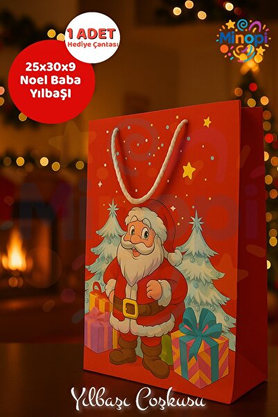 Minopi ( 1 Adet ) Noel Baba Desenli Hediye Çantası Kırmızı Yılbaşı Hediye Poşeti 25x30x9 Christmas