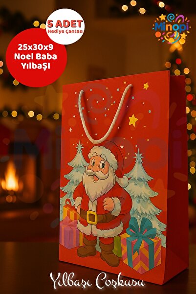 Minopi ( 5 Adet ) Noel Baba Desenli Hediye Çantası Kırmızı Yılbaşı Hediye Poş...
