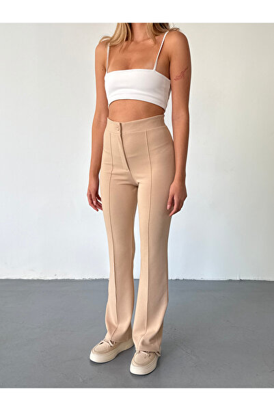 BEJNA Béžové žebrované dámské kalhoty Palazzo s vysokým pasem - rozšířená noha