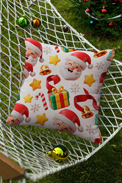 Ahsen Dekoratif Christmas Themed Santa Claus Theme White Patterned 4-Piece Digital Printed Gift Pillow Cushion Cover