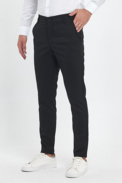 MODAMESTO Men's Black Slim Fit Dobby Lycra Quality Trousers with Pockets