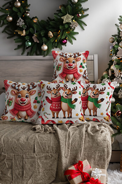 Ahsen Dekoratif Christmas Themed Red and White Stylish Deer Patterned 4-Piece Digital Printed Gift Pillow Cushion Cover