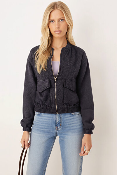 armonika Women's Anthracite Bomber Cashmere Coat with Pockets and Elasticated Sleeves and Waist Arm-26K001027