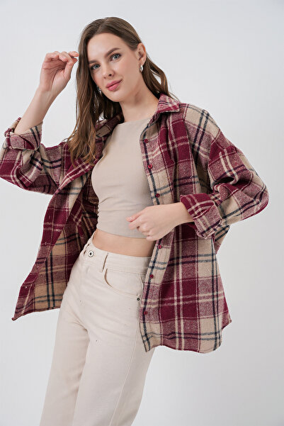 Bigdart Kadın Ekose Desen Oversize Oduncu Gömlek 3854 Bordo