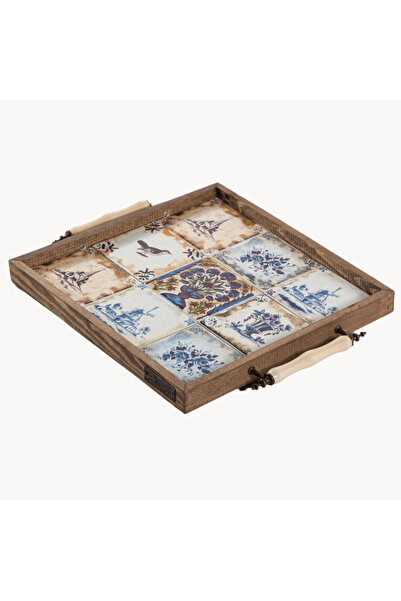 Genel Markalar Selanik Etnik Çini Seramik Doğal Ağaç Çerçeveli 32x32 cm Servis Sunum Tepsisi