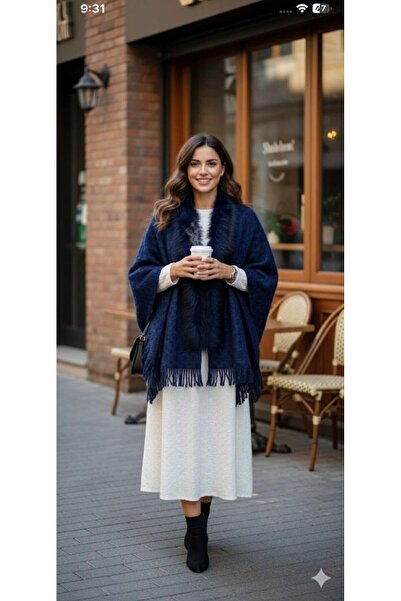 ARMİZA Γυναικείο σάλι ώμου με φούντα από ψεύτικη γούνα Navy Blue απαλό χειμωνιάτικο χοντρό σάλι