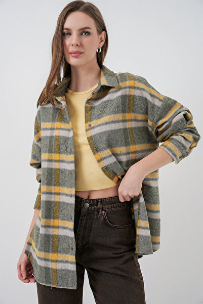 Bigdart Дамска риза с голям размер и кариран десен 3854 E. Зелена