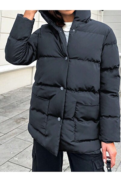 ÖNDER MODA Women's Black Monica Regular Cut Long Front Button Filled Waterproof Fabric Hooded Coat Tbg094