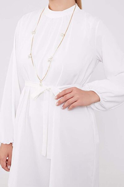 Levidor Ecru-Beige Chiffon Tunic Suit with Necklace Detail
