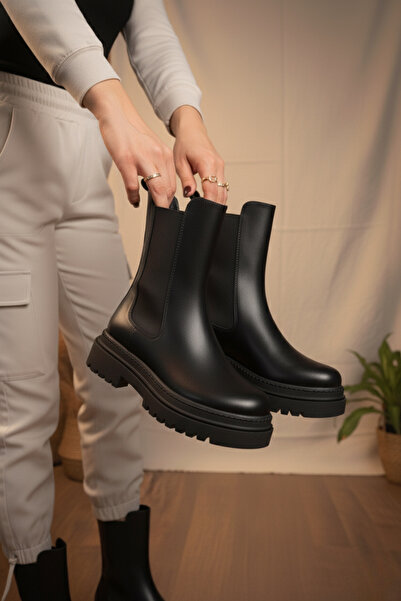 marinarosse Kadın Praga Siyah Cilt Dikişli Yandan Lastikli Kalın Taban Günlük Bot & Bootie