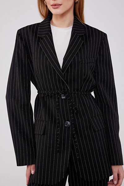 Levidor Black Belted Striped Trouser Suit