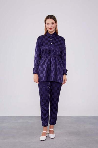 Levidor Jacquard Checkerboard Patterned Navy Blue Double Set