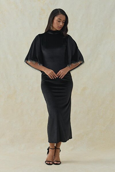 Elbee Fashion Woman Rochie din catifea cu detaliu guler șal negru