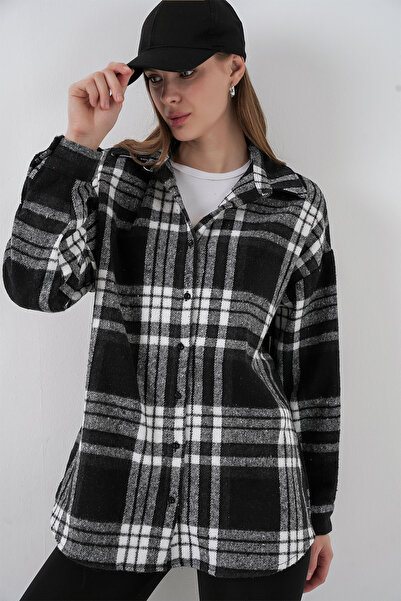 Bigdart Kadın Ekose Desen Oversize Oduncu Gömlek 3854 D. Siyah