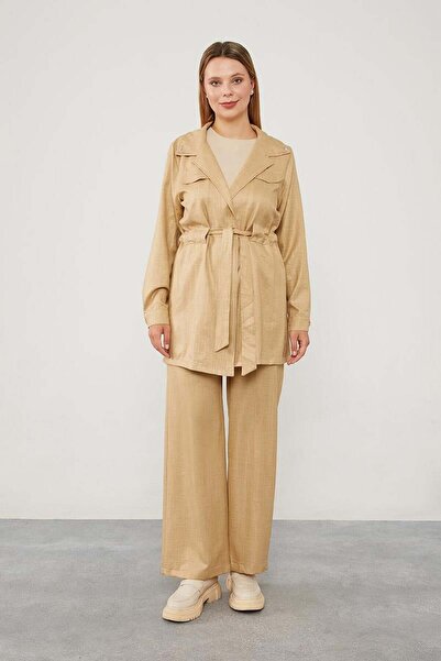 Levidor Beige Jacket Set - Stone Embroidered Collar