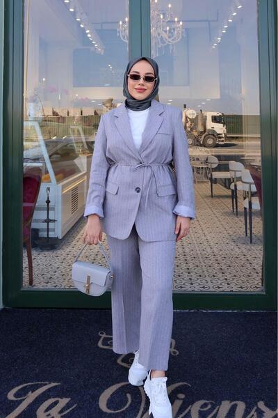 Levidor Gray Belted Striped Pants Suit