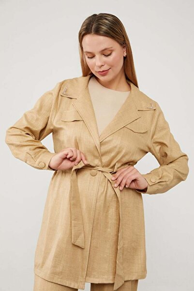 Levidor Beige Jacket Set - Stone Embroidered Collar
