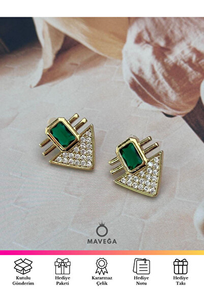 MAVEGA Yüksek Kalite Paslanmaz Kararmaz Çelik Zirkon Taşlı Üçgen Model Kadın Küpe | Altın Renk, 2 Cm