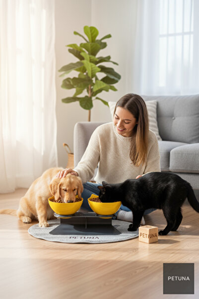 Petuna İki Hazneli Kedi Kafalı Antrasit Standlı Kedi Mama ve Su Kabı 350 ML