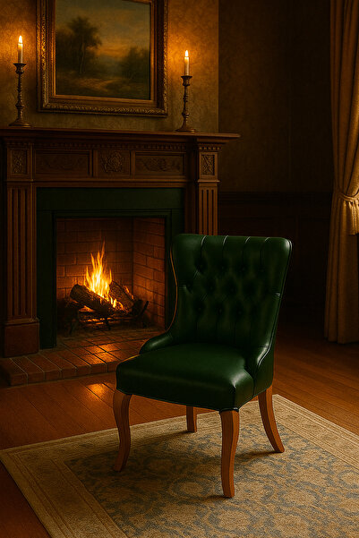 ŞIK VE MUTLU Premium Lüks Mat Yeşil Hakiki Deri El İşi Köşe Tasarım Sandalye