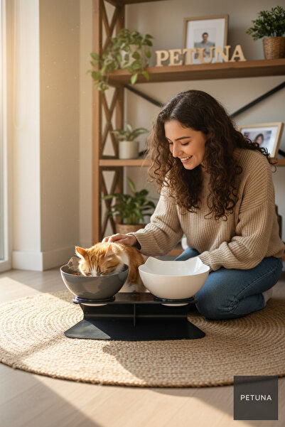İki Hazneli Kedi Kafalı Antrasit Standlı Kedi Mama ve Su Kabı 350 ML