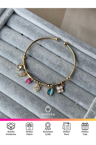 MAVEGA Yonca Tüy Kalp Charmlı Kelepçe Bileklik | Kararmaz Çelik, Zirkon Taş, ...