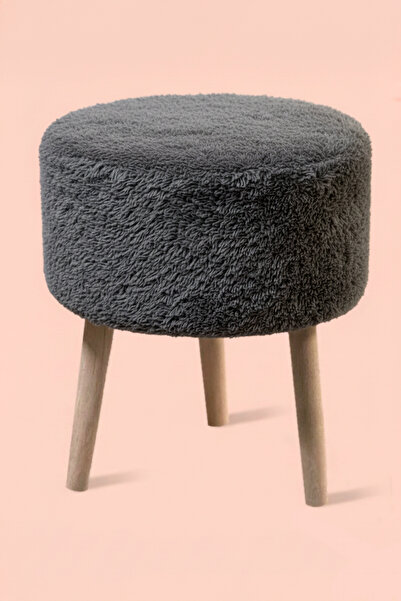 Niron 3 Ayaklı Mini Puf - Antrasit Teddy Peluş Kumaşlı Mini Tabure