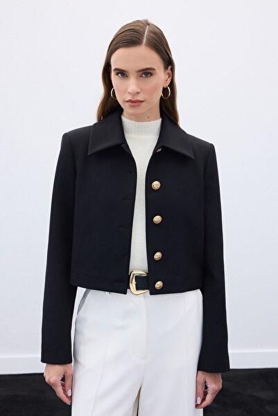 Sateen Buttoned Short Jacket - Black