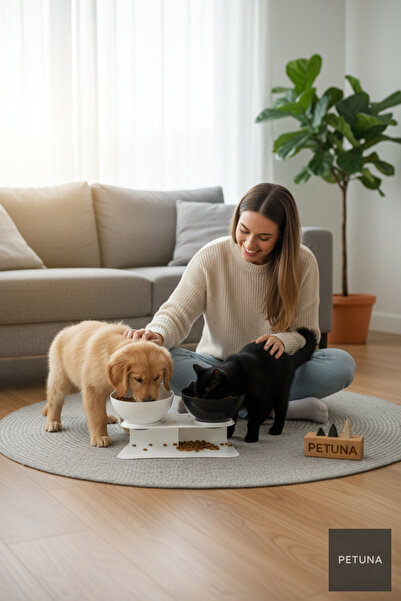 İki Hazneli Kedi Kafalı Beyaz Standlı Kedi Mama ve Su Kabı 350 ML