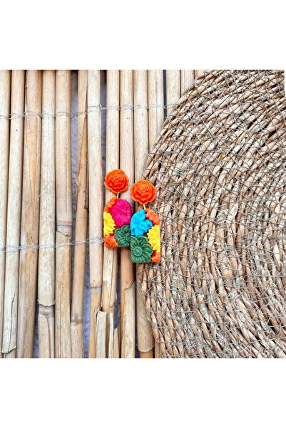 Atölye Myth Floral Seri Orange El Yapımı Özel Tasarım Turuncu Çiçek Başlı Küpe