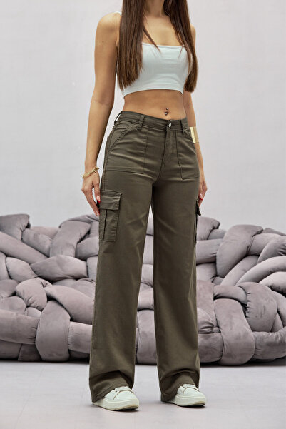BİKELİFE Haki Kargo Cepli Likralı Yüksek Bel Wide Leg Pantolon
