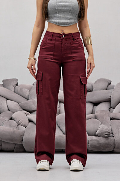 BİKELİFE High Waist - Lycra Claret Red Wide Leg Cargo Pants