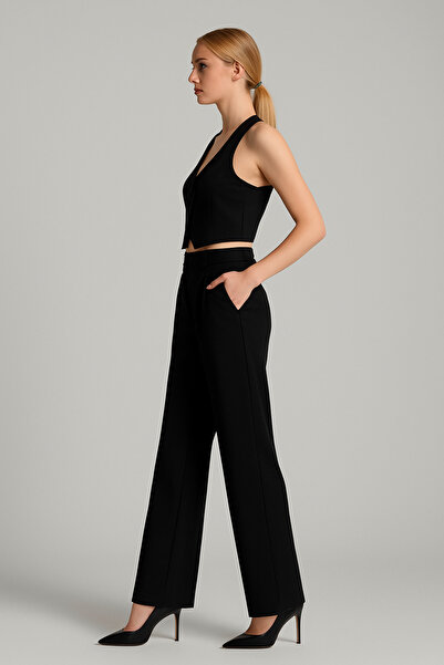 LACHT Women's Black Double Pleated Palazzo Fabric Trousers