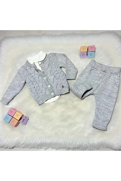 RYZE ÇOCUK Peter Pan collar Bodyli Armali Knitting Detail Tricot Triple Top and Bottom Set Gray
