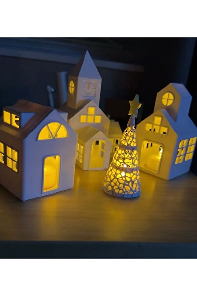 SS 3D MODELLEME Yılbaşı Konseptli Dekoratif 3lü Kış Ev Led Tealight Mumluk, M...