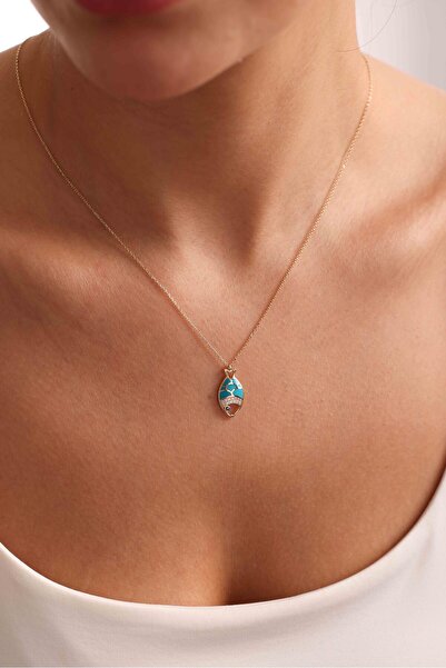 Gianfranco 14 Ayar Altın Turkuaz Mineli Taşlı Balık Kolye