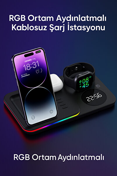 Tech&bello accessories 5in1 Telefon Saat Kulaklık Wireless Şarj Cihazı Rgb Işıklı Katlanabilir 30w A82