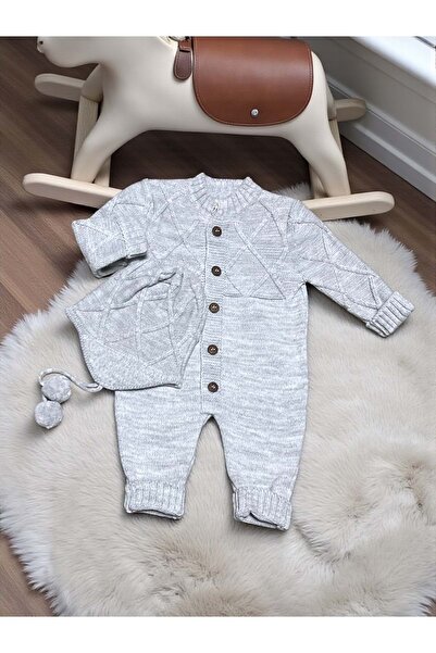 RYZE ÇOCUK Tricot Jumpsuit with Pompoms on the Hat and Roba Detail Gray
