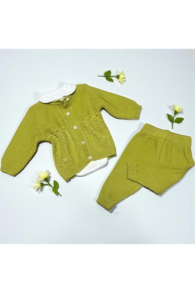RYZE ÇOCUK Peter Pan collar Body Textured Knitted Tricot Three-Piece Bottom and Top Set Pistachio Green