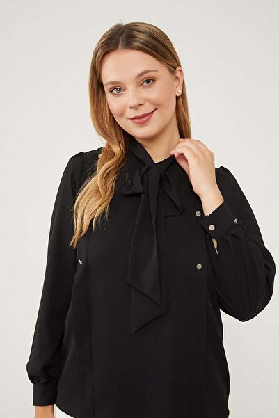 Levidor Siyah Kendinden Fular Bağlamalı Şifon Gömlek