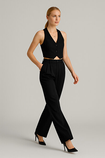 LACHT Women's Black Double Pleated Palazzo Fabric Trousers