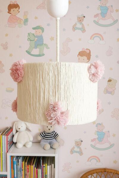 C&A&B KUZEY AVİZE Ekru Makrome Ip Sargılı Pempe Ponponlu Kız Bebek Ve Çocuk Odası Tasarım Sarkıt Avize