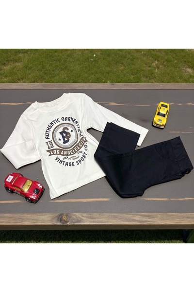 RYZE ÇOCUK Fleece-Lined Kolej Montlu Bs Printed Sweat Three-Piece Bottom-Up Set Dark Blue