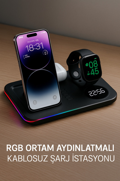 Tech&bello accessories 5in1 Telefon Saat Kulaklık Wireless Şarj Cihazı Rgb Işıklı Katlanabilir 30w A82
